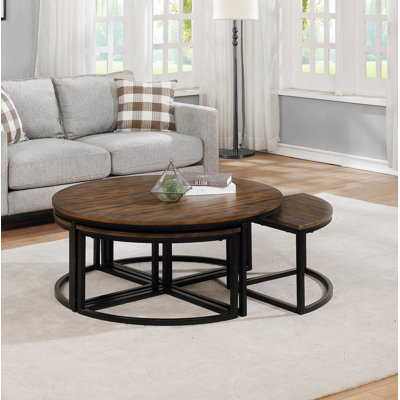 Kersh Arcadia Acacia Wood 42-Inch Round Coffee Table with Nesting Tables, Antiqued Mocha Finish, Industrial Style, Includes Four Wedge-Shaped Stowaway Tables with Metal Sled Legs for Modern Living Spaces