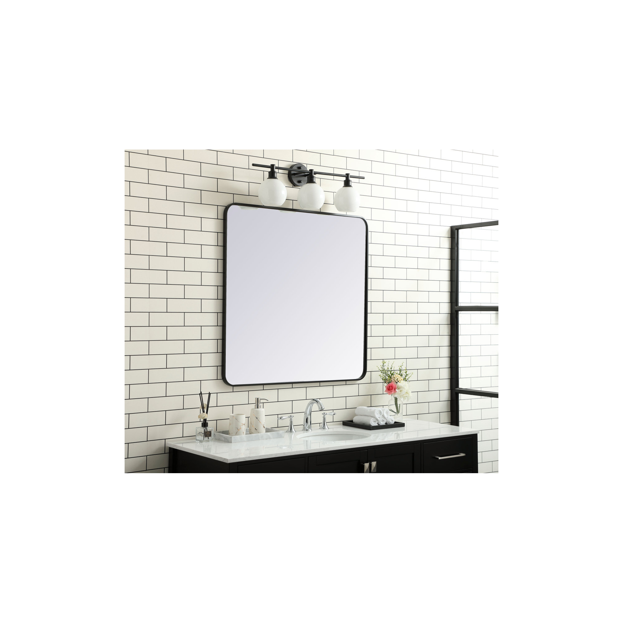 Sabine Metal Rounded Rectangle Wall Mirror, 36" x 36", Black