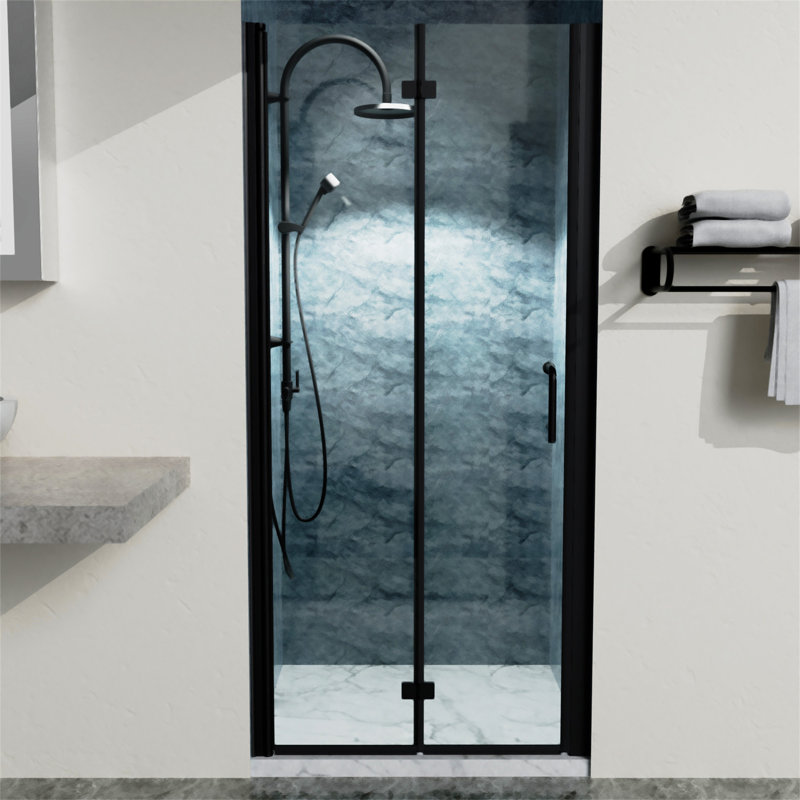 34 à 35 3/8 po X P 72 po H Portes de douche pliantes sans cadre en noir mat avec verre transparent