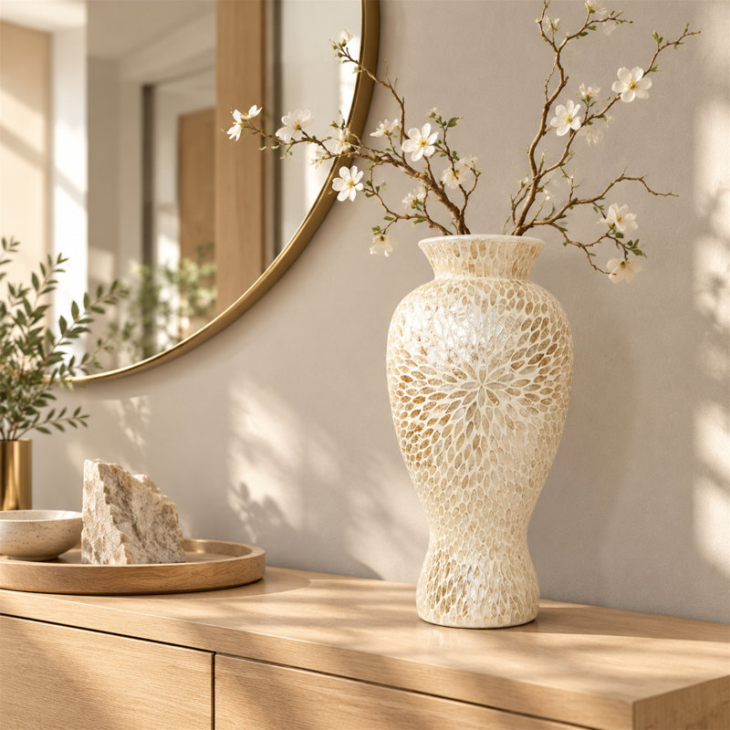 Vase de sol décoratif en nacre de Capiz dorée et blanche, diamètre 13,4 po x 24 po