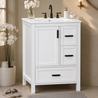Meuble-lavabo moderne de 24 po avec lavabo en céramique, porte à fermeture en douceur, tablette de porte à double couche et 3 tiroirs