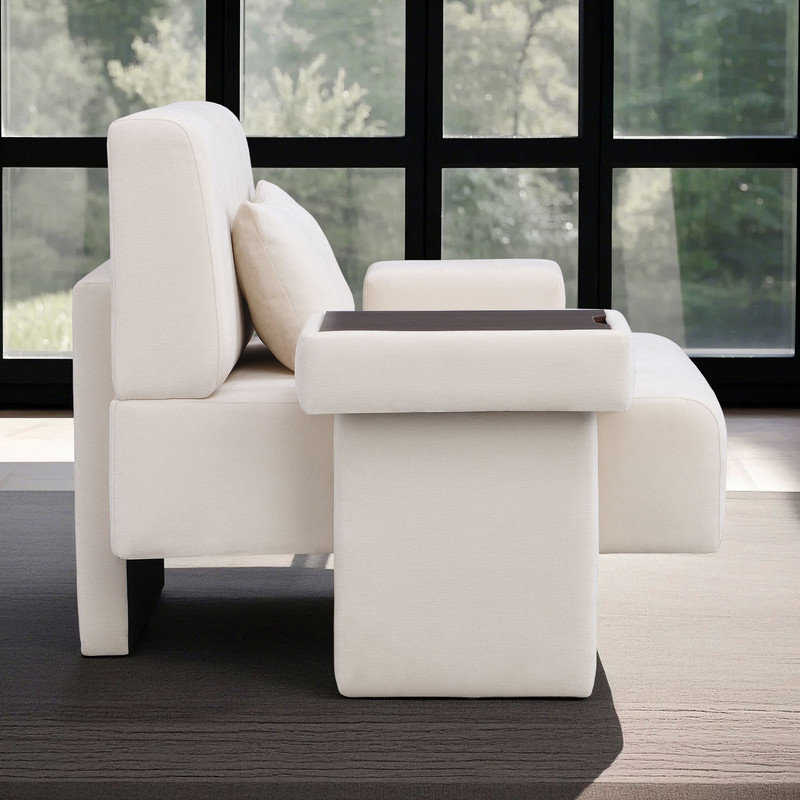 Mid-Century Modern Oversized Armchair with Built-in Table and Hidden Storage, Beige