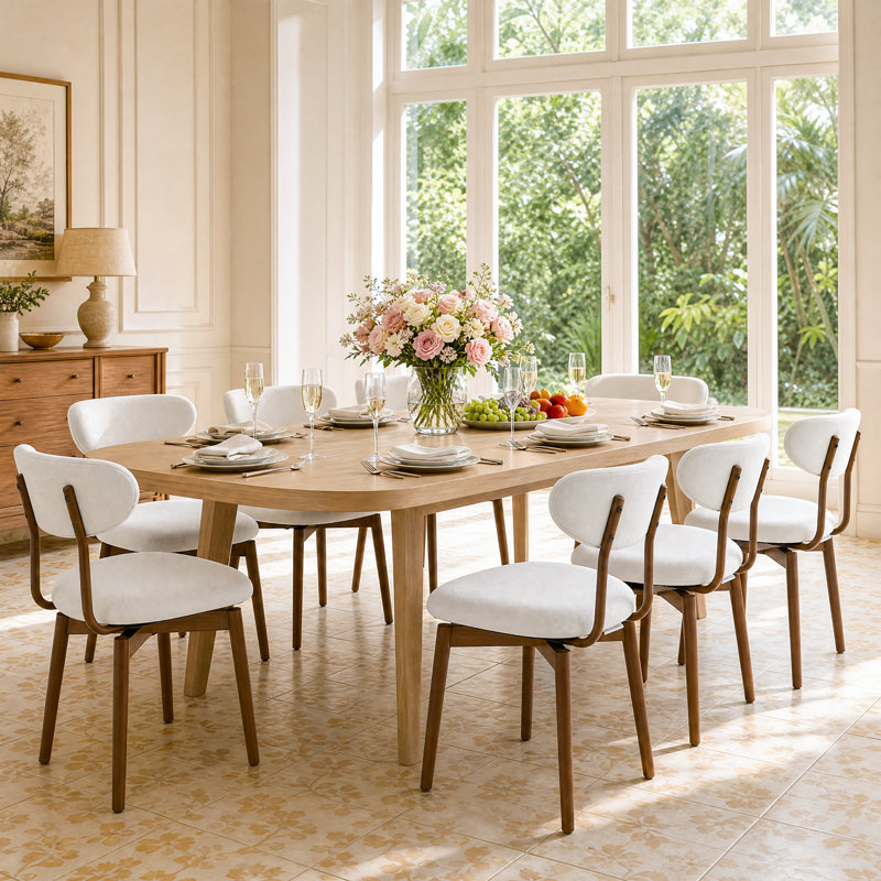 Ensemble en coton et lin avec chaises de salle à manger en bois à dossier incurvé (lot de 8), Sand