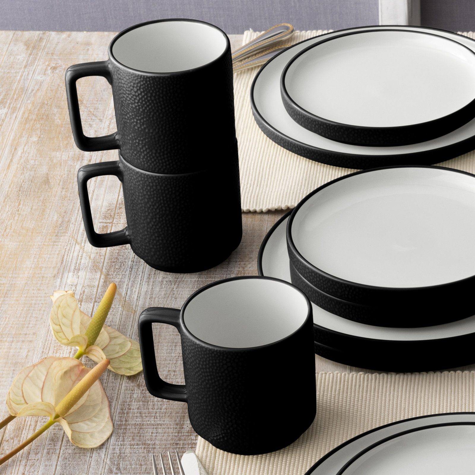 Noritake Colortex Stone Stax Mugs, 16 Oz., Set of 4, Black