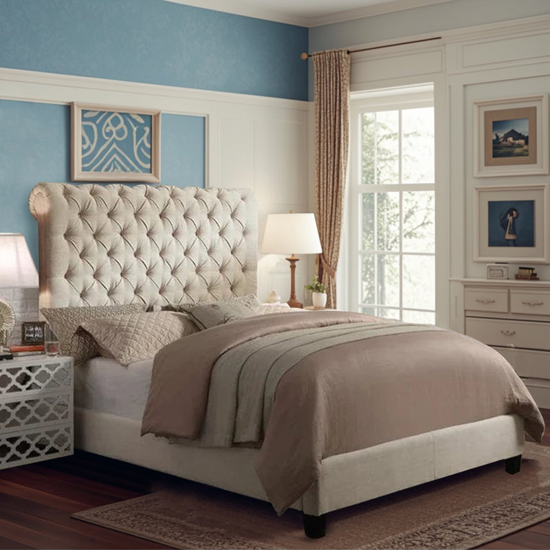 Fabric Upholstered Bed Frame with Adjustable Headboard/Chesterfield-Styled/Wood Slat Support, King, Beige