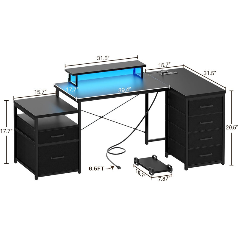 Bernydette Reversible L Shaped Computer Desk with Fabric File Drawers, Corner Desk with RGB LED Lights & Power Outlets & Monitor Stand