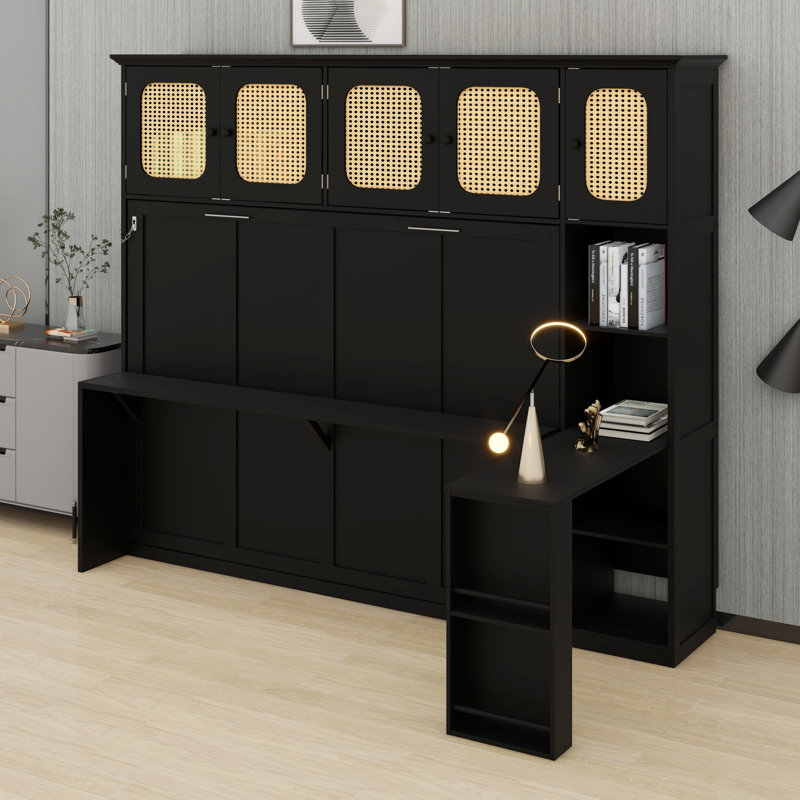 Bureau à lit escamotable contemporain et armoires de rangement en rotin, Noir