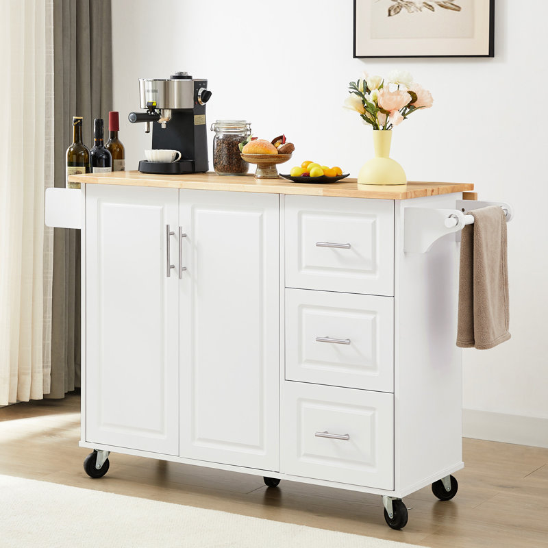 Îlot de cuisine blanc avec armoire de rangement, étagère à épices ouverte et comptoir rabattable pliable