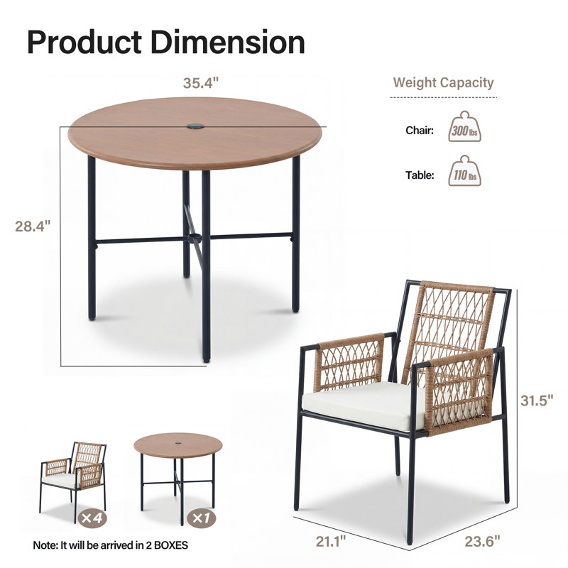Ensemble de salle à manger d'extérieur moderne 5 pièces avec chaises en rotin tissé et table ronde en bois