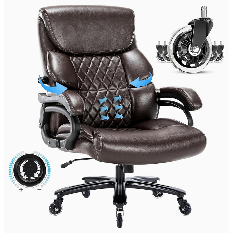 Grand et grand fauteuil de bureau en similicuir, Brun