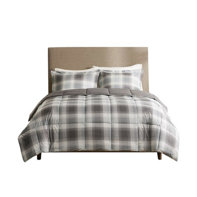 Édredon en duvet synthétique double / grand - Tissu écossais gris imprimé toutes saisons avec deux taies décoratives, rembourrage lavable à la machine et 2 assortis
