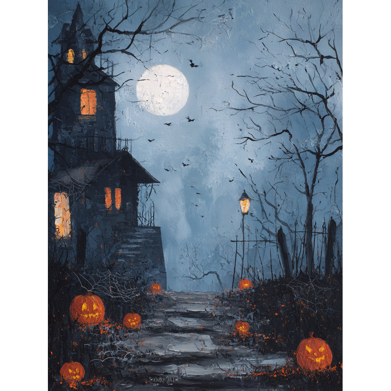 «Spooky House with Jack O Lanterns», art mural sur toile tendue, H 24 po x l 16 po