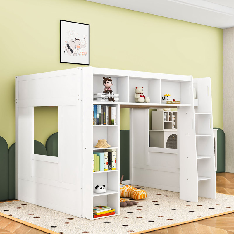 Grand lit mezzanine en bois avec tablettes de rangement, échelle et garde-corps, Blanc