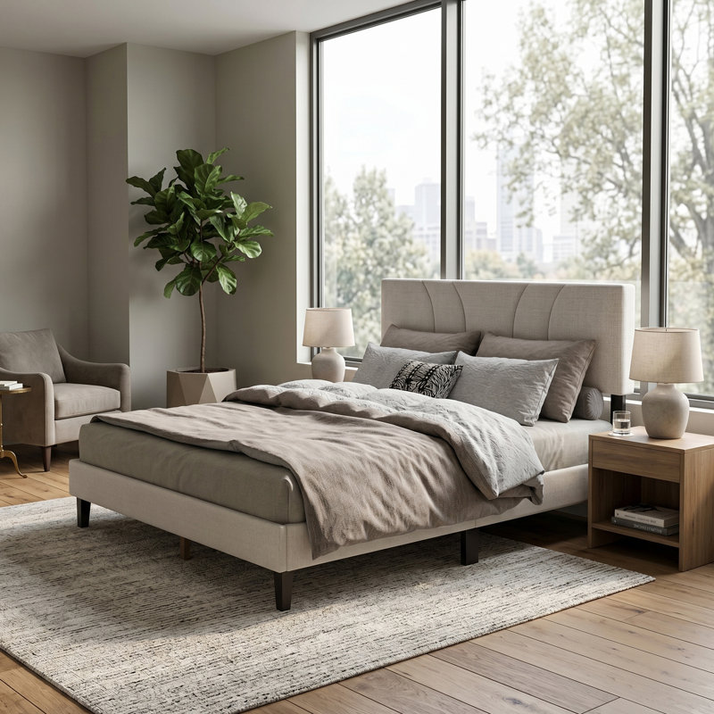 Platform Bed Frame with Wood Slats Headboard Included, Queen Size, No Box Spring Needed, White, Queen
