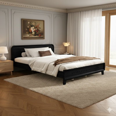 Solid Pine Wood Queen-Sized Bed, Constructed To Be Sturdy And Long-Lasting, Box Spring Is Optional, In Black.
