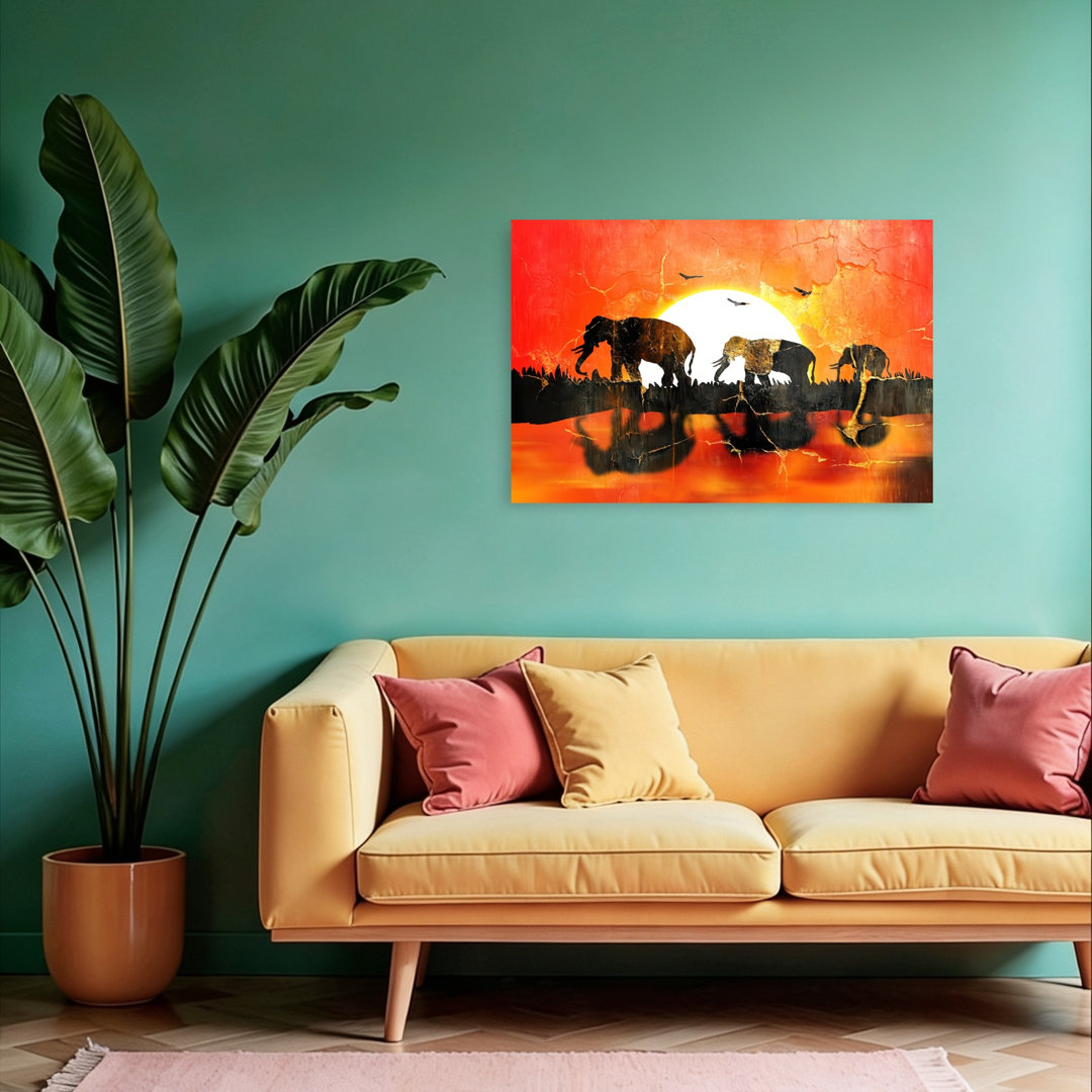 African Sunset Elephants Serene Tranquil Abstract Bird Elephant Landscape Nature Wall Art Print
