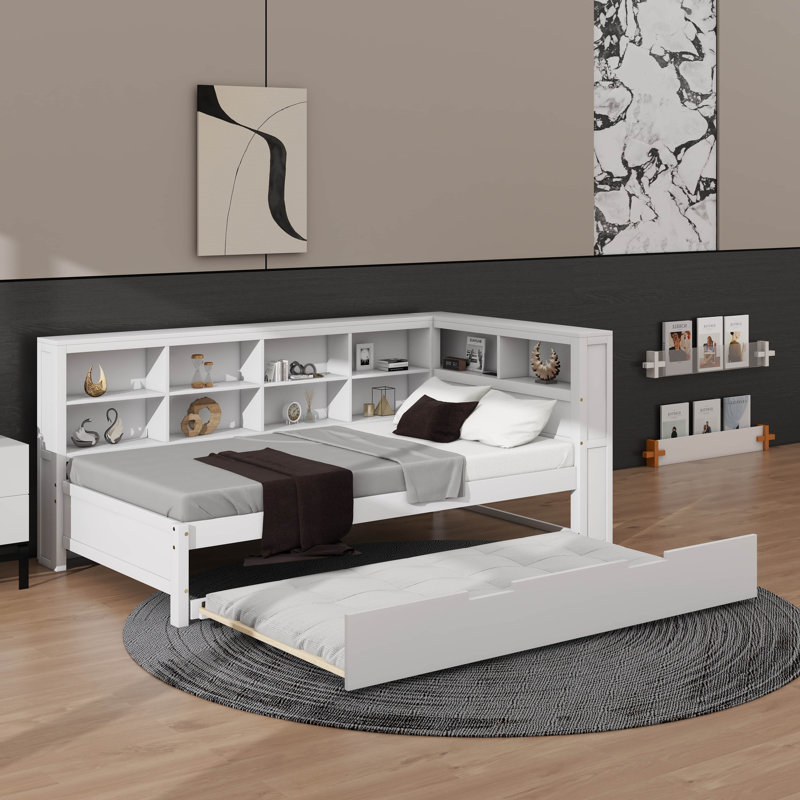Wooden Daybed With Twin Trundle, Platform Bed Frame With Double-Layer Storage Shelf And USB Charging Ports, Twin, White