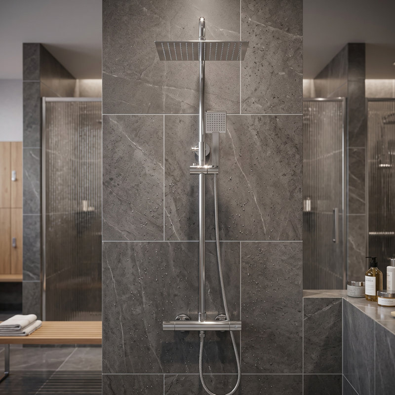 Wall Mounted Thermostatic Shower Mixer Tap, Anti Scald Protection, Chrome Plated Shower Faucet with Round Upper and Lower Outlets