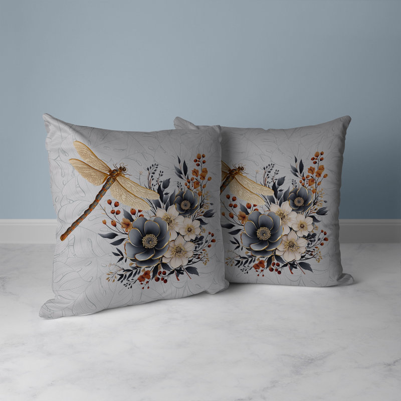 Coussin décoratif intérieur / extérieur Dragonfly Haven, H 16 po x l 16 po, Orange et gris
