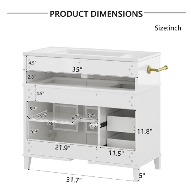 Meuble-lavabo moderne 36 po avec lavabo avec rangement inclinable sur le dessus 36 po, 3 tiroirs latéraux, tablette réglable