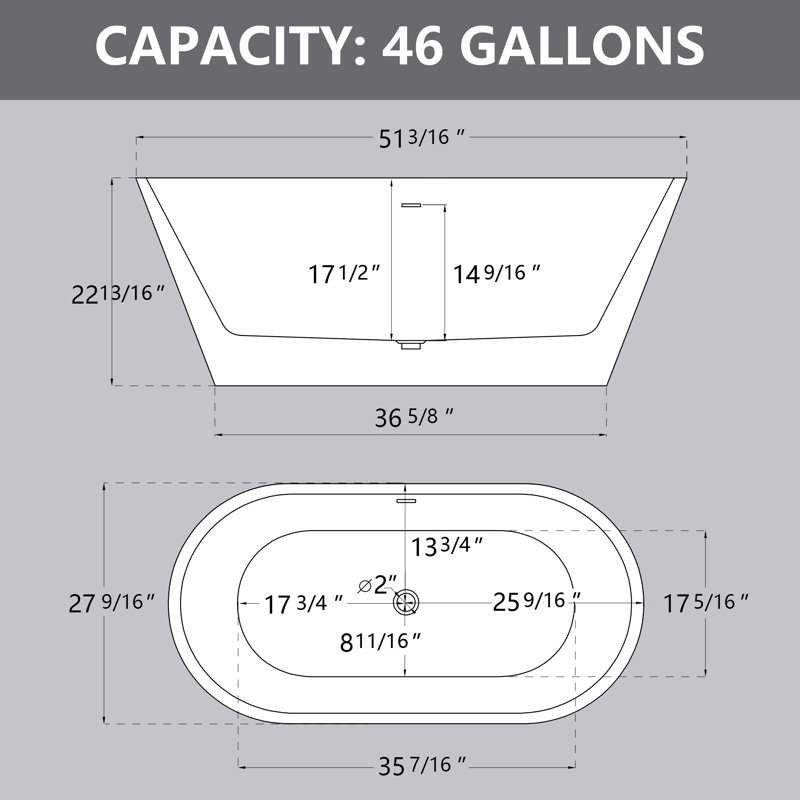 51" x 28" Freestanding Soaking Bathtub Acrylic Stand Alone Modern Slipper White Tub with Center Drain