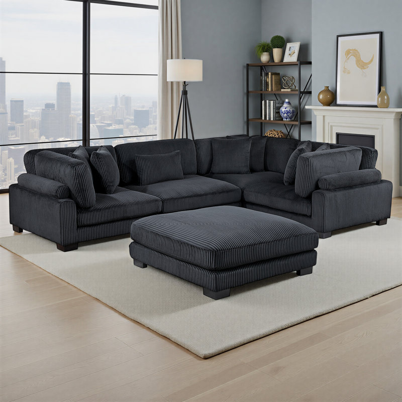 Brinsley 135" Modern 5-Piece Modular Sectional Sofa With Ottoman, Corduroy Upholstery & Foam Over Pocket Coils Comfort