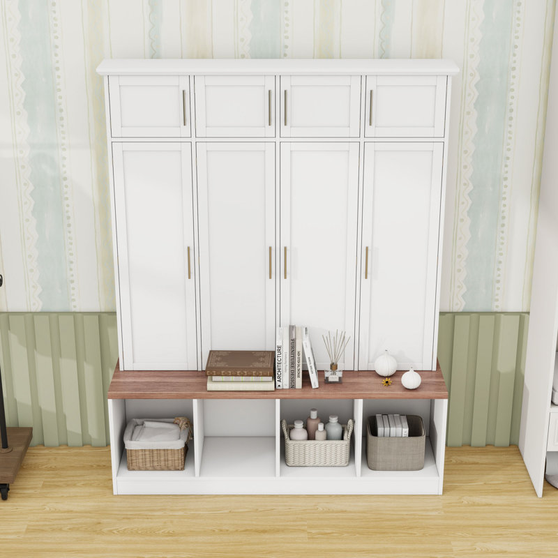 4-in-1 Hall Tree with 4 Hidden Hanging Hooks, Seating Bench and Doors, White
