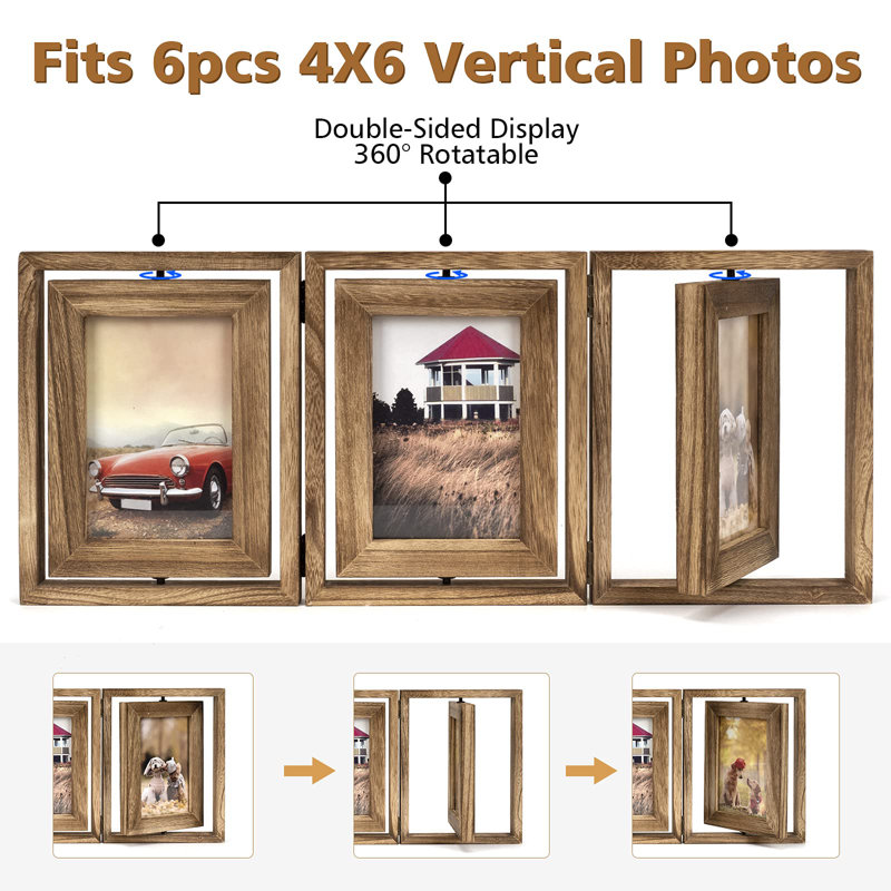 4X6 Picture Frame Rustic Wood Hinged Folding Triple Picture Frames Collage, Double-Sided Display Rotatable High Definition Glass Photo Frame For Home Tabletop(Carbonized Black)