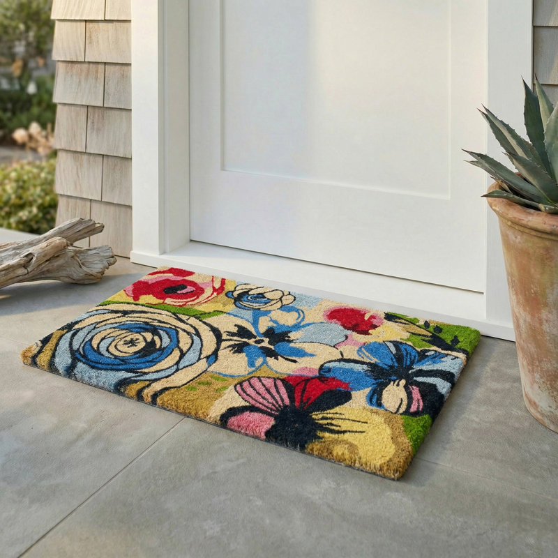 Dekel Watercolor Floral Coconut Coir Entryway Doormat, 18" x 30" Thick
