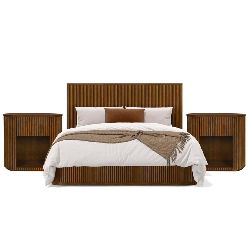 Ellison Fluted Solid Wood 3 Piece Bedroom Set - Queen, 3 Pcs: Bed, 2 Nightstands, Queen