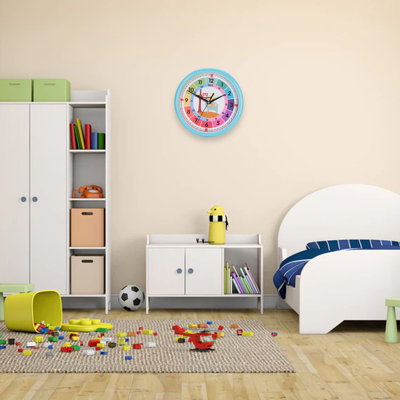 Horloge murale en plastique, motif de dessin animé coloré, à quartz, pour apprendre l'heure, à suspendre dans la chambre d'un enfant ou en classe (bleu).