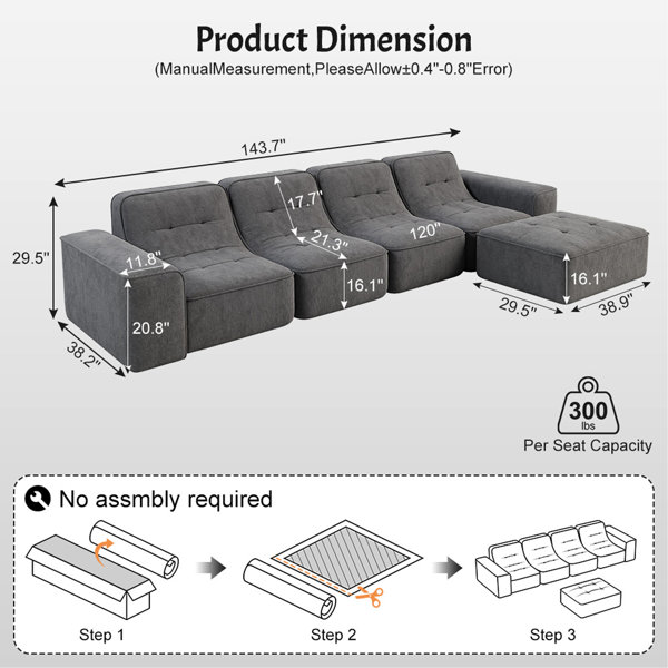 Wrought Studio 143.7" Modular Sectional Sofa Set With Removable Ottoman ...