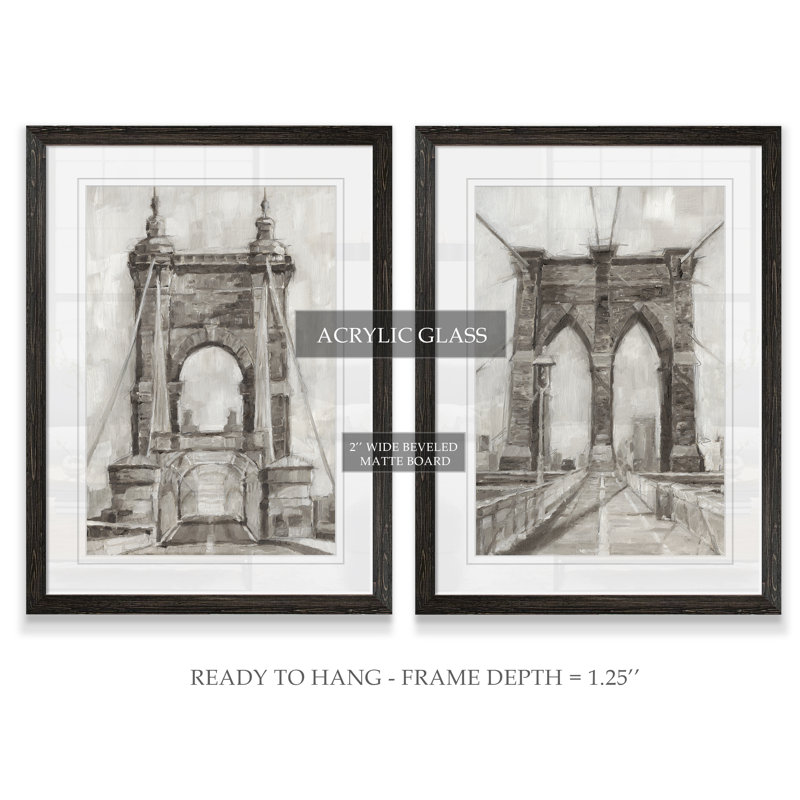 «Bridge Crossing I», ensemble de 2 reproductions d'art encadrées, H 24 po x l 18 po x P 1,25 po, Blanc, Cadre ébène