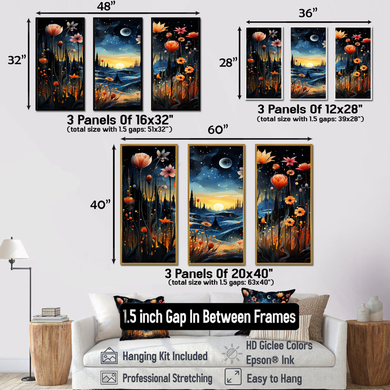 «Fantasy Floral Daydream 3 - Abstract Landscape», art mural, Cadre flottant doré, H 40 po x l 60 po x P 1 po