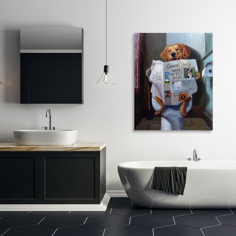"Chien lisant le journal sur la toilette", peinture sur toile surdimensionnée par Lucia Heffernan, H 48 po x l 36 po