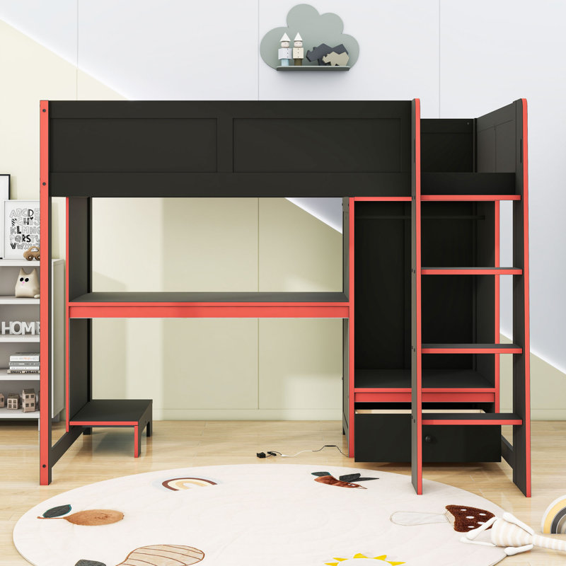 Lit de jeu Loft avec bureau, garde-robe et éclairage à DEL, Simple