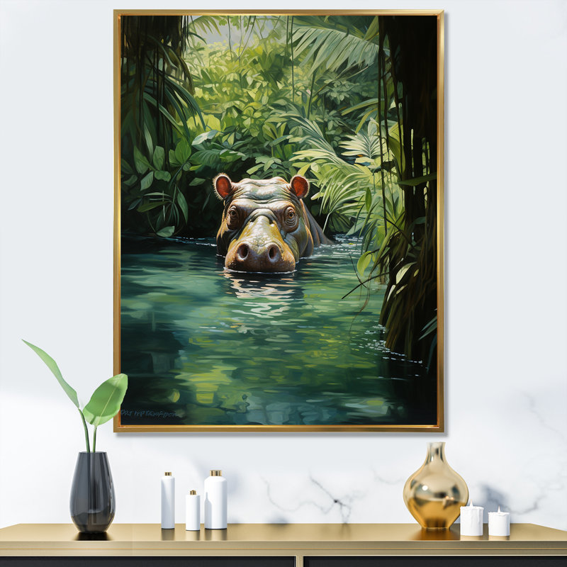 «Hippo Secret Hideaway 1 - Hippopotamus», art mural, Cadre flottant doré, H 32 po x l 16 po x P 1 po
