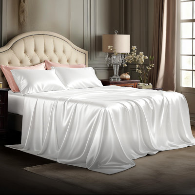 Bedsure White Satin Sheet Set Queen Size - 4 Piece Silky Bedsheets with 15" Deep Pocket (Queen, White)