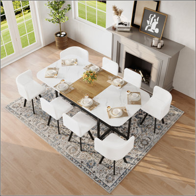 Ensemble 9 pièces de table de salle à manger carrée avec 8 chaises blanches en similicuir pour les réunions de famille