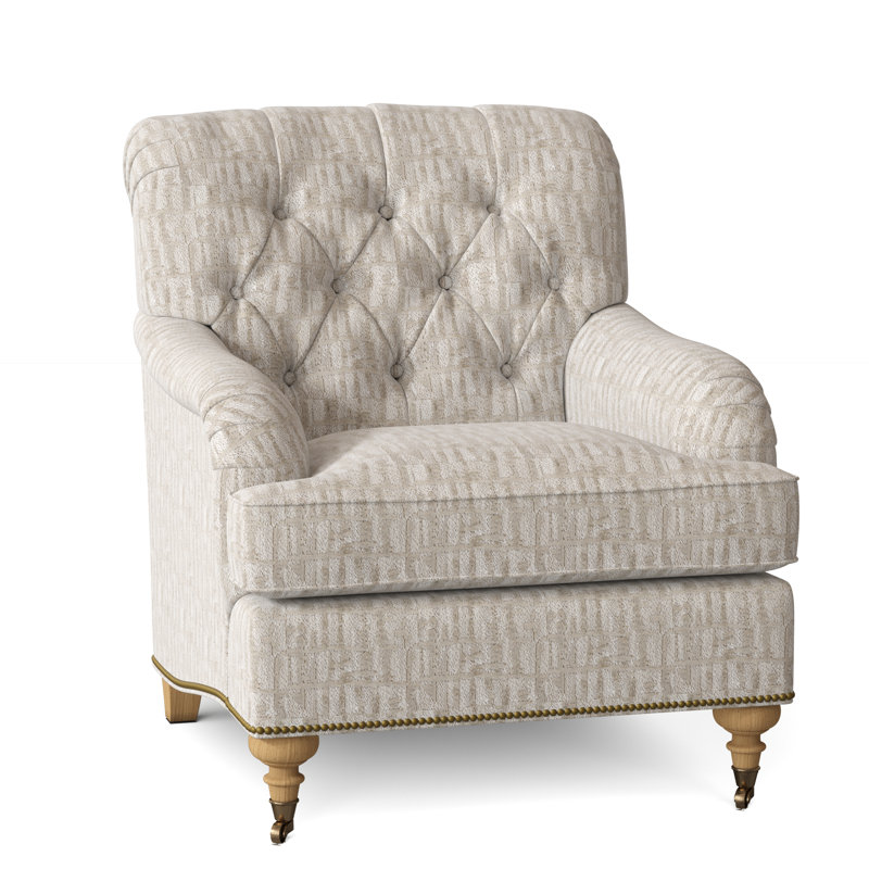 Fauteuil à coussin en duvet capitonné Devan, ambre, Petit bronze antique, Lin UV-Rollo