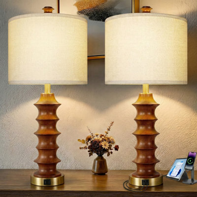 27" Solid Wood Table Lamps for Bedroom Living Room Retro Brown Bedside Lamp Set of 2 with USB A+C Ports