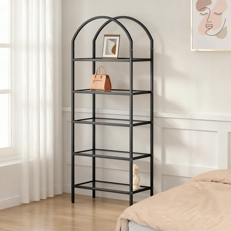 Modern 5-Tier Bookshelf With Arched Design, Metal Frame And Tempered Glass Shelves For Home Office Living Room Storage And Display