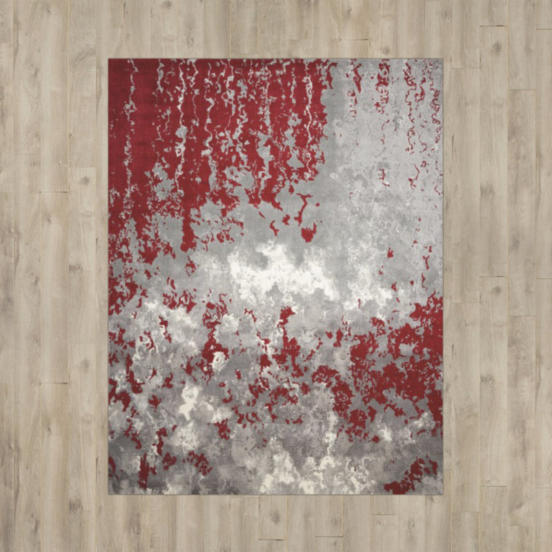 Tapis gris / rouge en laine Haseltine, Rectangle 7 pi 9 po x 9 pi 9 po