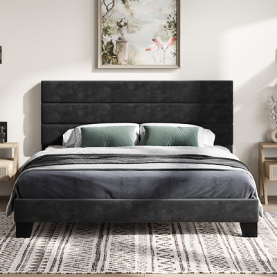 Lit plateforme Elison avec tête de lit tapissier en tissu et lattes en bois