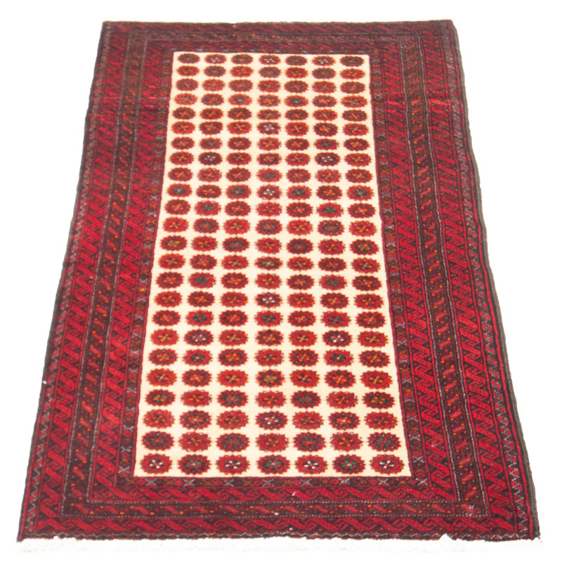 Tapis crème / rouge en laine noué à la main de conception unique 2 pi 10 po x 5 pi 9 po New Age