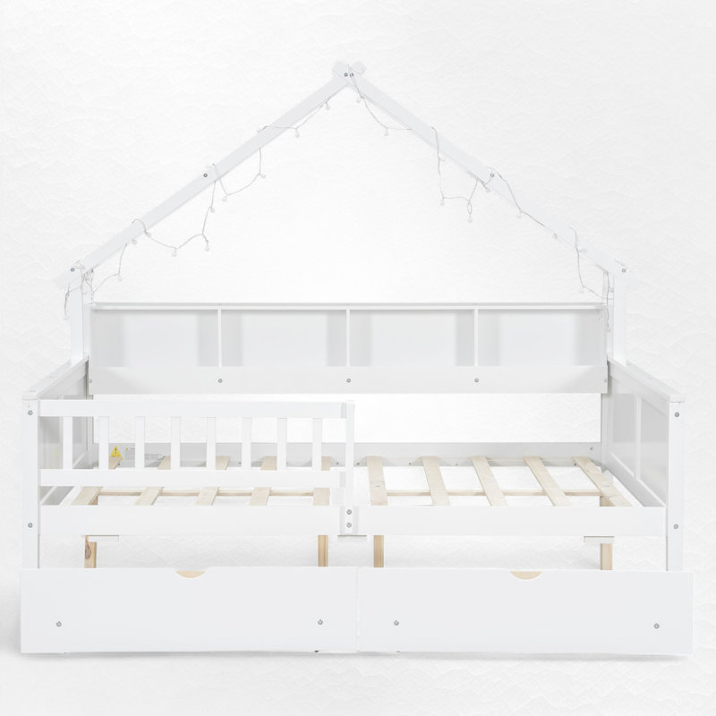 Lit plateforme double en bois avec rangement et garde-corps, Blanc