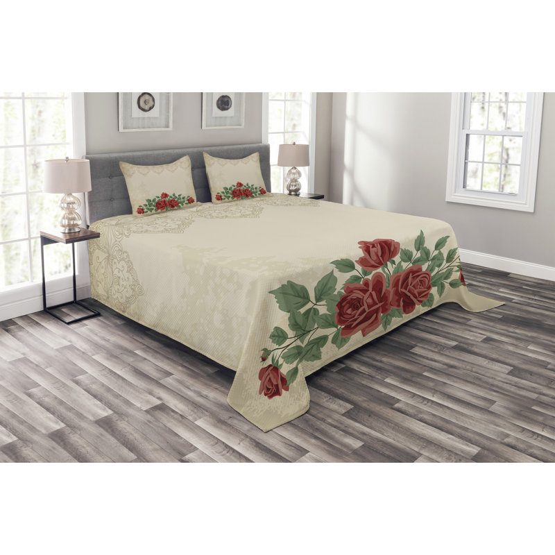 Beige/Green/Red Microfibre Bedspread Set, 220 x 264 cm