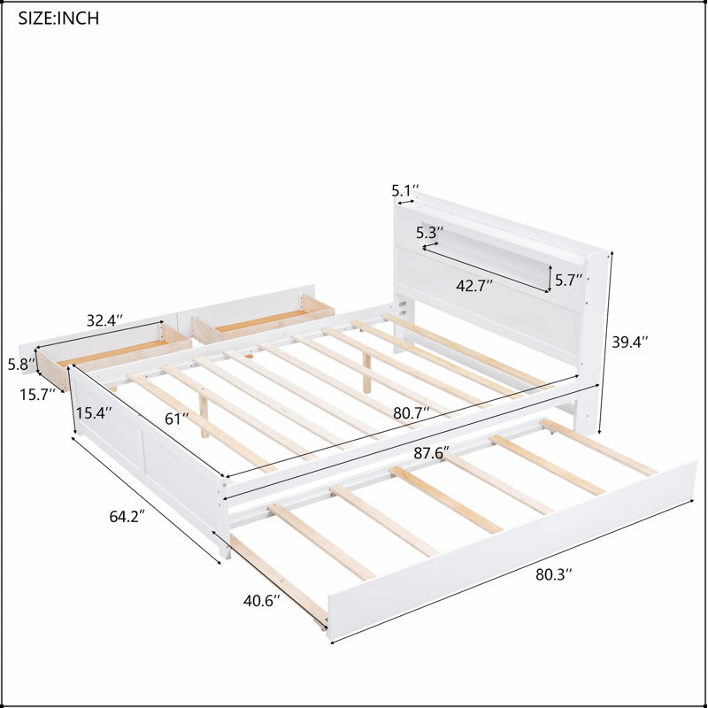 Lit plateforme avec rangement en bois avec DEL, 2 tiroirs et 1 lit gigogne, Blanc