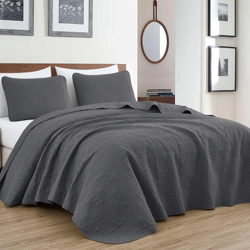 Luca 3-Piece Lightweight Microfiber Oversized Bedspread Set, Queen Coverlet/Bedspread + 2 Standard Shams, Charcoal