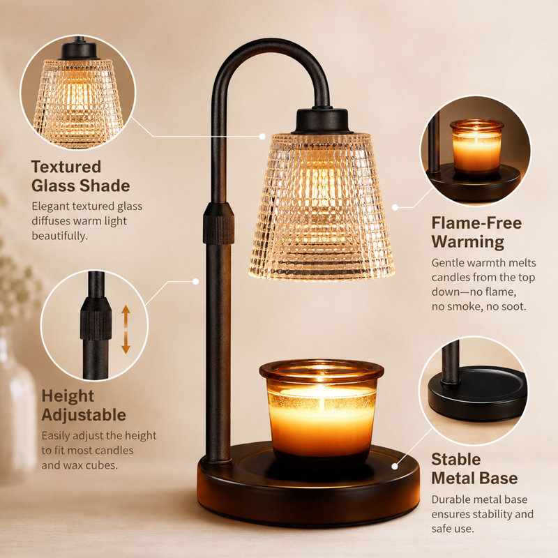Lampe chauffe-bougie réglable, minuterie et lumière à intensité variable, Métal métal, Noir, H 12,5 po x l 4,7 po x P 4,7 po
